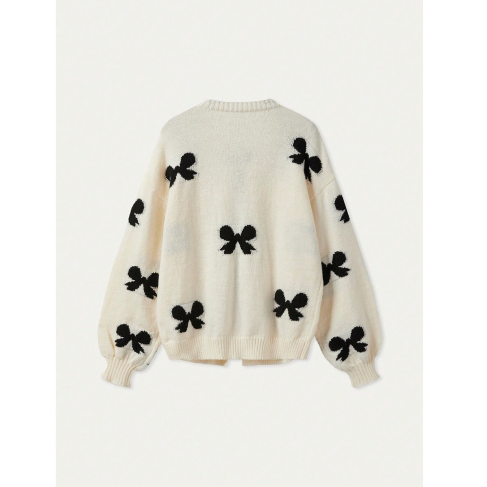 Off White Cardigan With Black Front Ties and Bow Print Pattern Oversized - Picture 4 of 10